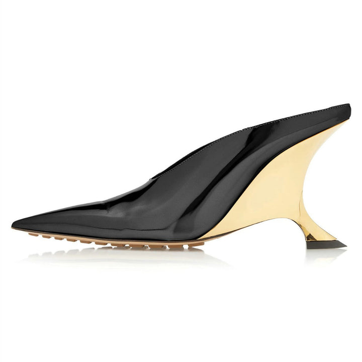Elegant slip-on metallic wedge mules for women, with a chic pointed toe and distinctive sculpted heel.