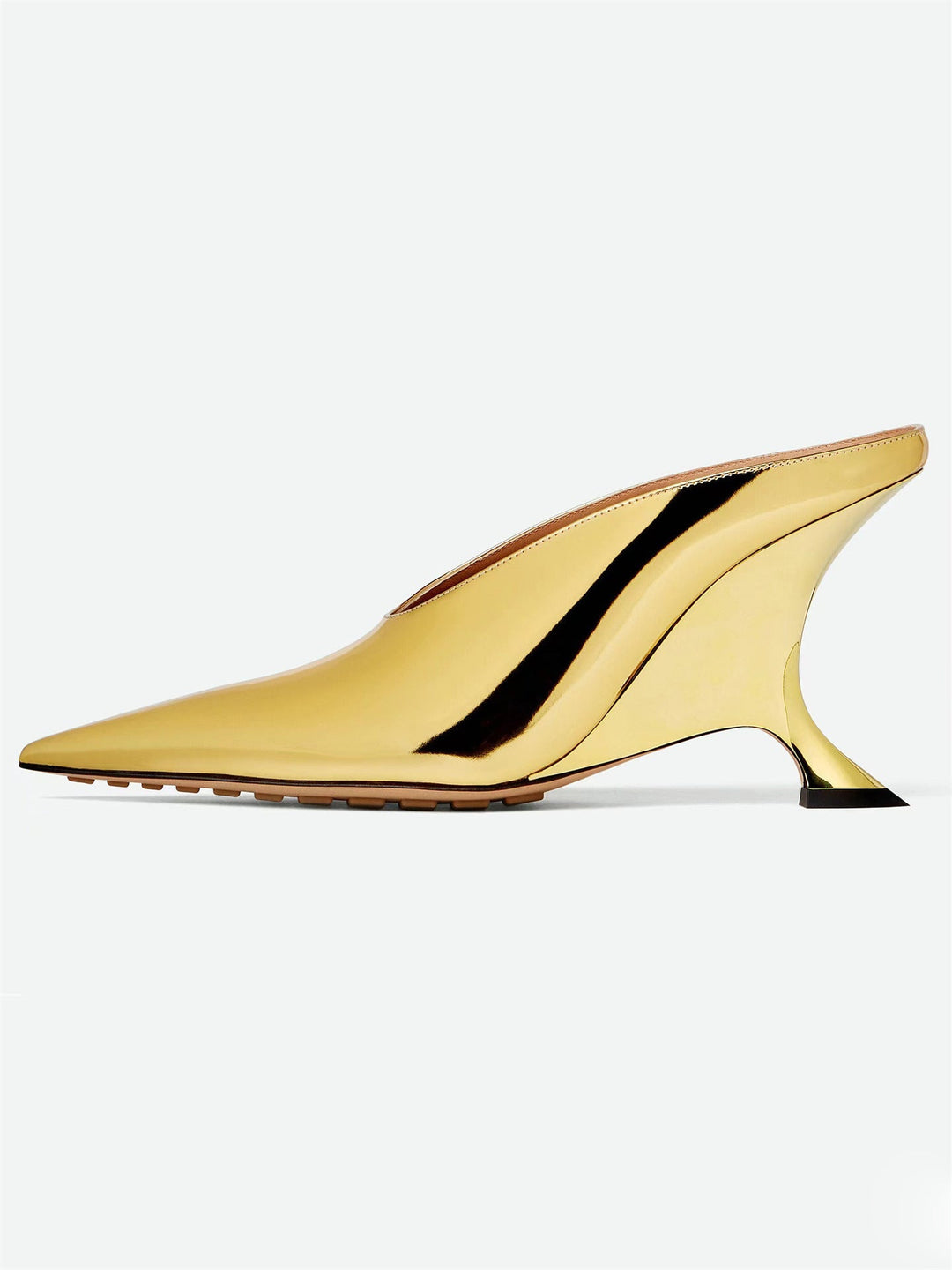 Gold metallic pointed toe mules for women, featuring a comfortable wedge heel and elegant sculpted details.