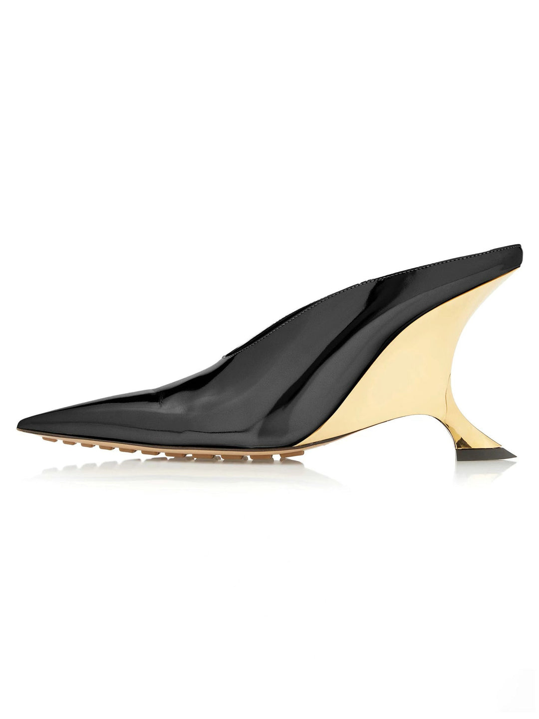 Modern women's metallic fashion mules with a sleek pointed toe, comfortable wedge heel, and sculpted detail.