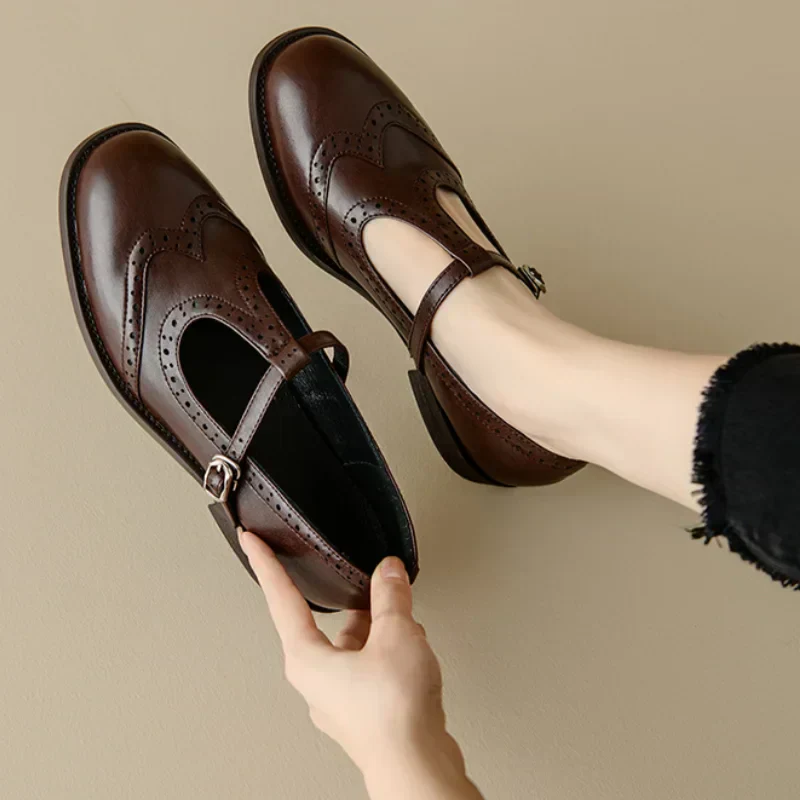 Women's polished brown leather T-strap Mary Janes, comfortable vintage style flats for everyday wear