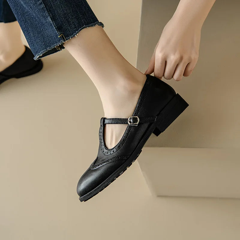 Vintage inspired brown T-strap Mary Janes, women's comfortable and polished flats for daily wear