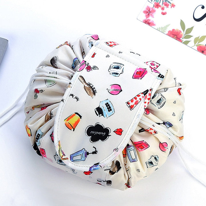 Foldable waterproof drawstring travel organizer for women's beauty essentials.