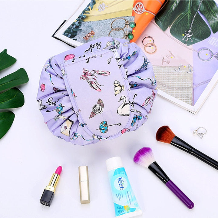 Portable drawstring toiletry bag for women, easy travel storage solution.