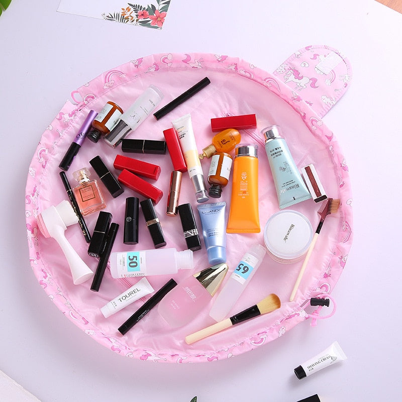 Waterproof women's cosmetic organizer, drawstring design for travel.