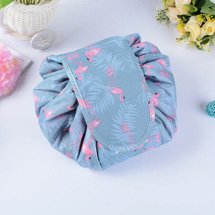Travel-friendly women's drawstring toiletry organizer, compact & waterproof.