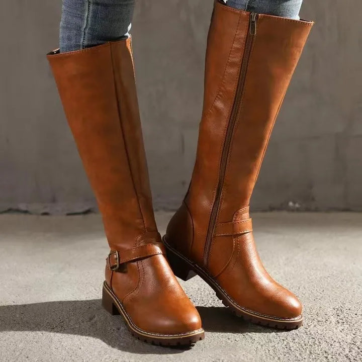 Close up of premium leather texture on women's orthopedic winter boots