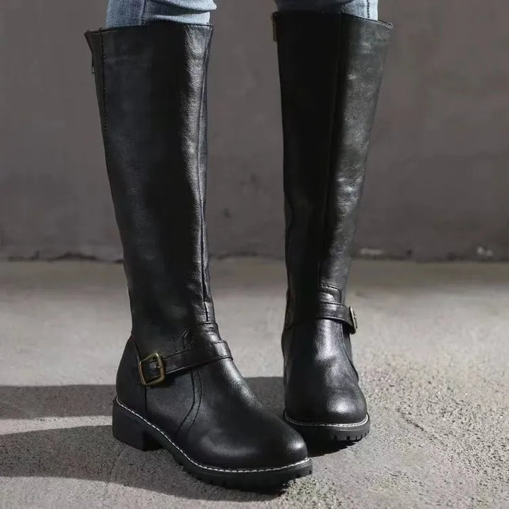 Women wearing premium orthopedic leather boots, demonstrating winter footwear style