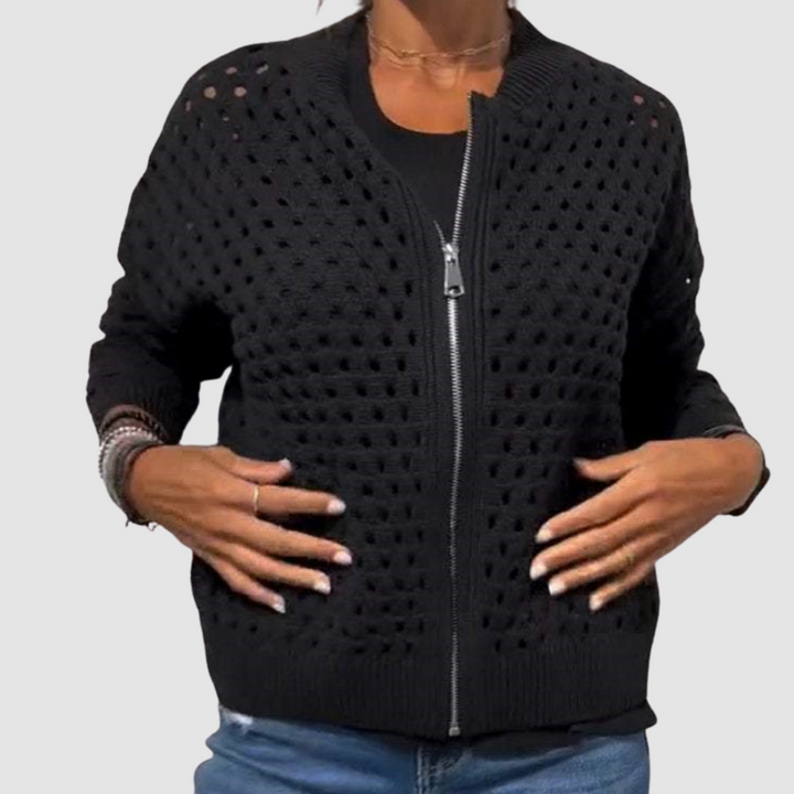 Cozy women's relaxed fit zipper cardigan, perfect fall & winter outerwear for warmth and style.