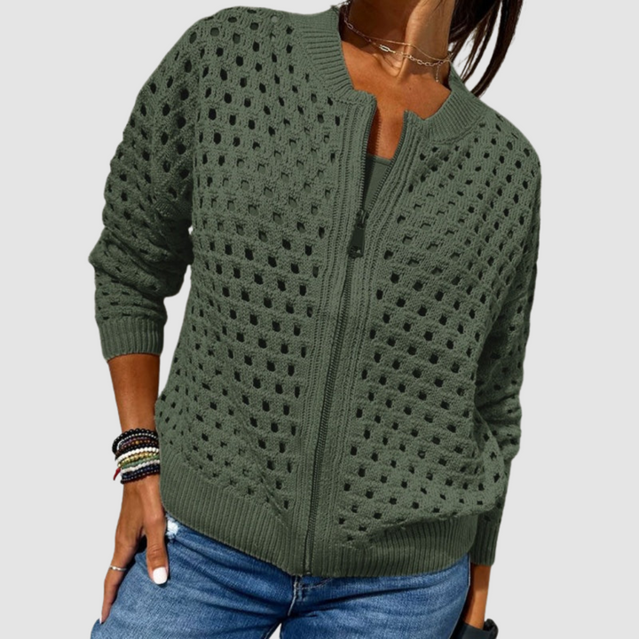 Long sleeve women's zipper cardigan, a versatile and elegant jacket for casual or dressed-up looks.