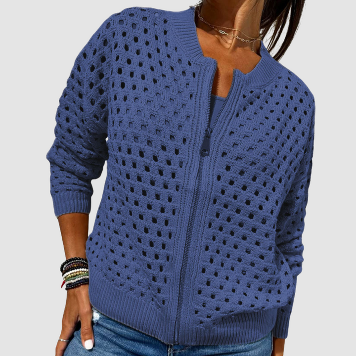 Stylish women's zipper cardigan, ideal layering piece for fall fashion, casual elegant and warm.