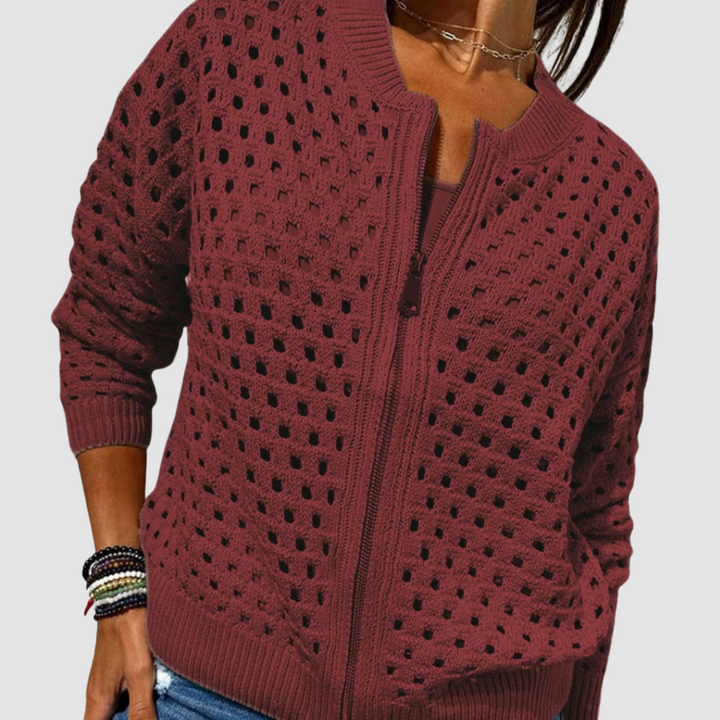 Elegant women's long sleeve zipper cardigan, a relaxed fit jacket & outerwear for winter style.