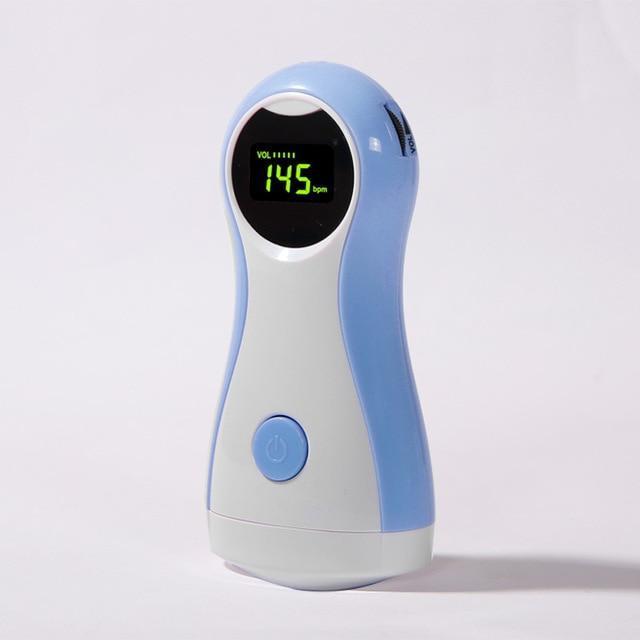 Close-up of a handheld prenatal baby heartbeat monitor, showing the audio device for pregnant women.