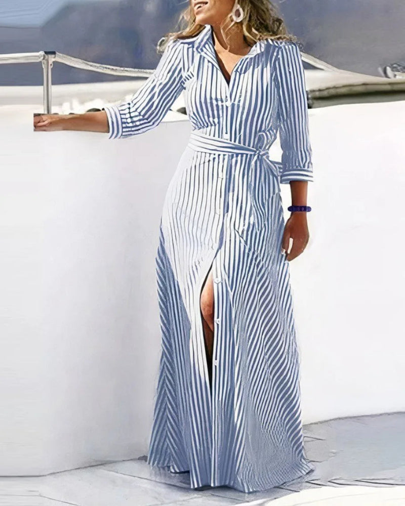 Chic women's printed shirt dress, midi length, with long sleeves and a flattering belt.