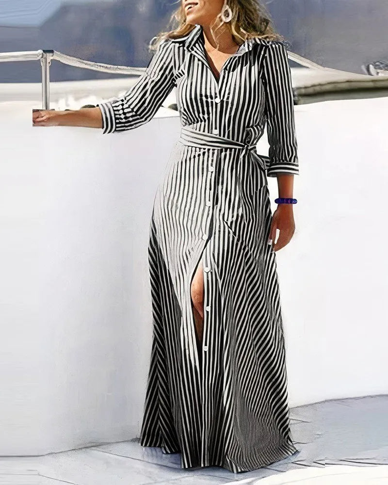 Fashionable women's versatile printed midi dress with long sleeves and an adjustable belted waist.