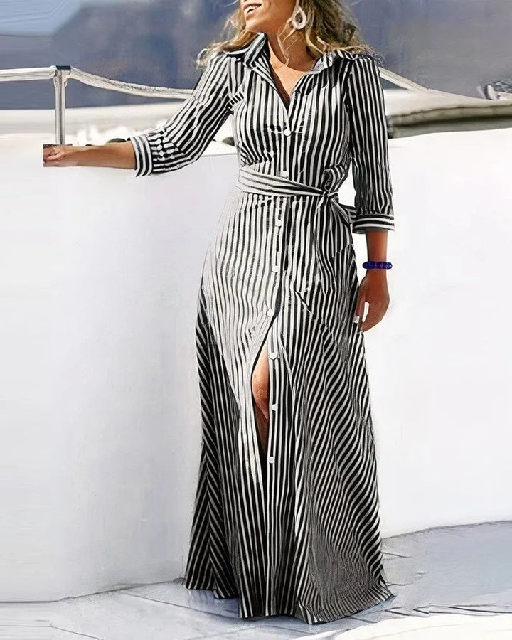 Fashionable women's versatile printed midi dress with long sleeves and an adjustable belted waist.