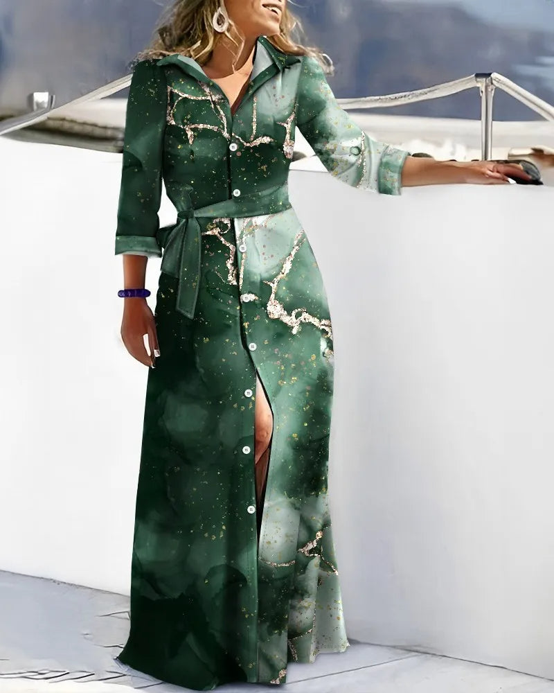 Stylish women's printed long sleeve belted shirt dress. A comfortable and elegant midi dress option.