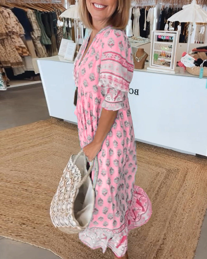 Flowy summer midi dress for women, V-neck, all-over print, vacation essential