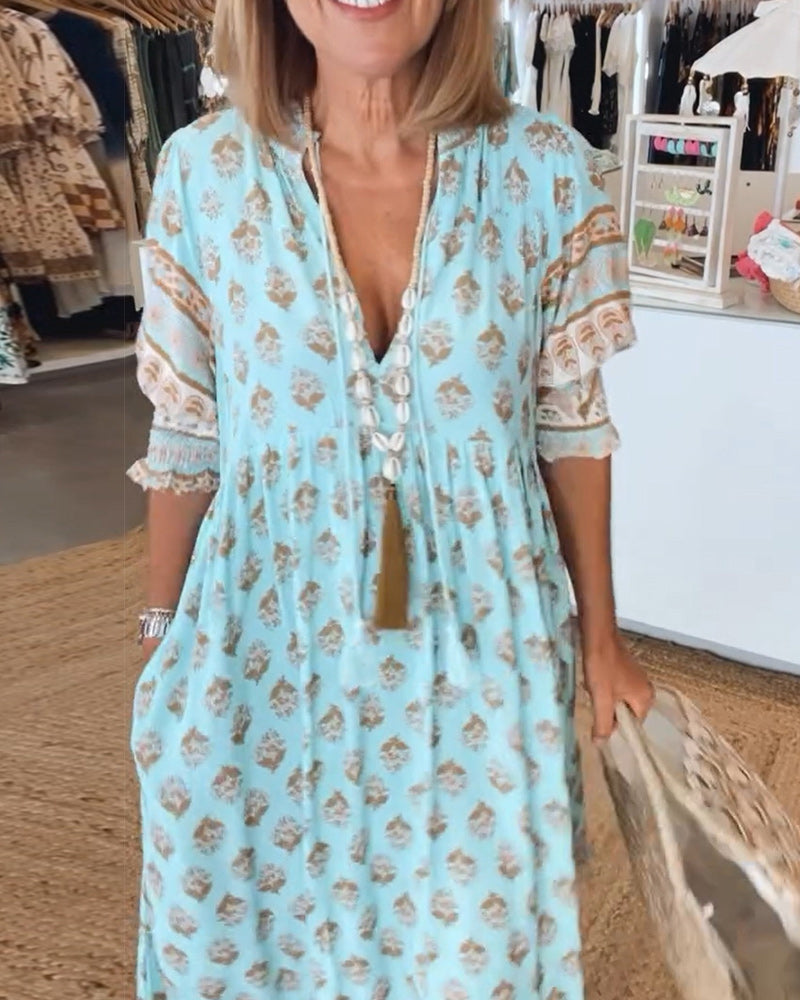 Flowy printed midi dress for women, V-neck design, comfortable and stylish
