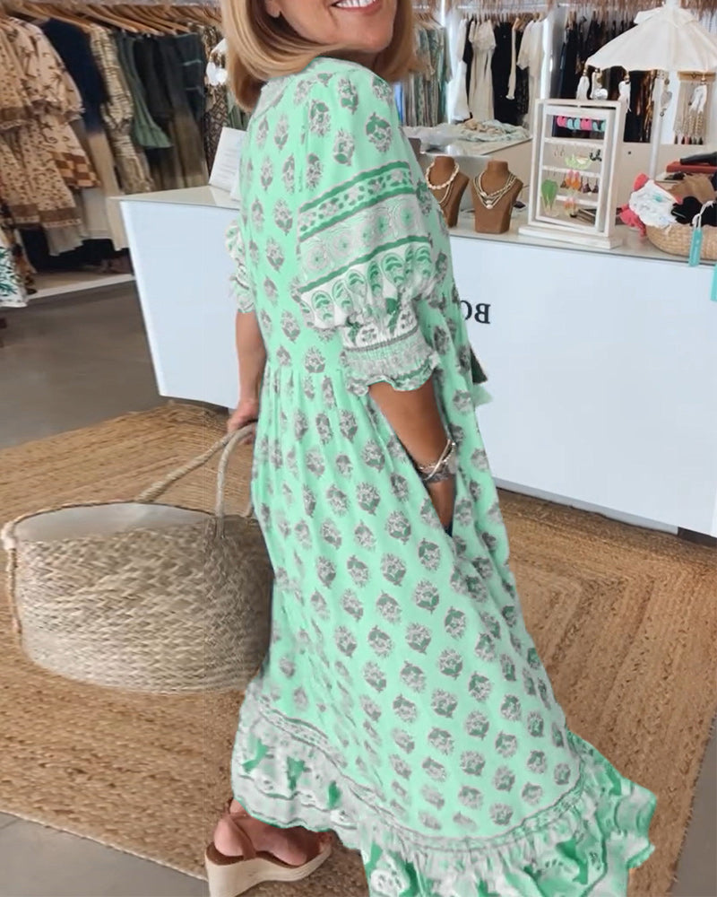 Printed V-neck flowy midi dress, women's casual summer fashion, very comfortable