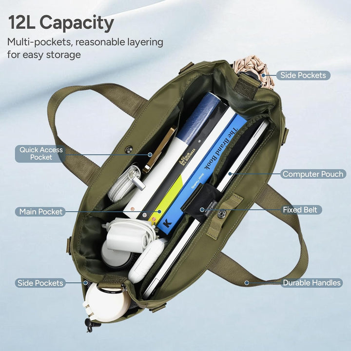 Sophisticated women's laptop tote, an organized travel and work bag.