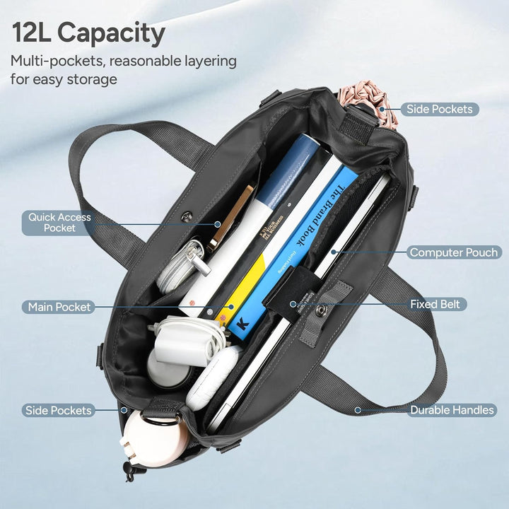 Organized women's laptop tote with multiple pockets & adjustable shoulder strap.