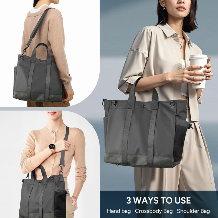 Sleek professional tote bag for women, designed to carry laptops safely.