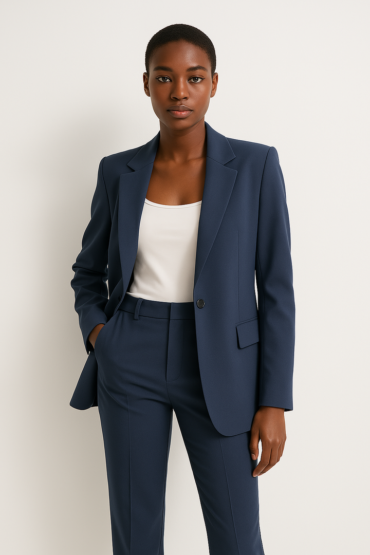 Women's professional straight leg tailored trouser suit set in light fabric, ideal for summer workwear.