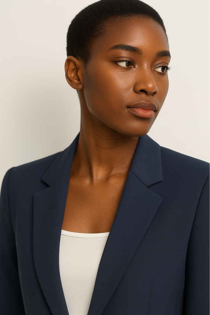 Beige tailored straight leg trouser suit set for women, perfect for a professional business casual look.