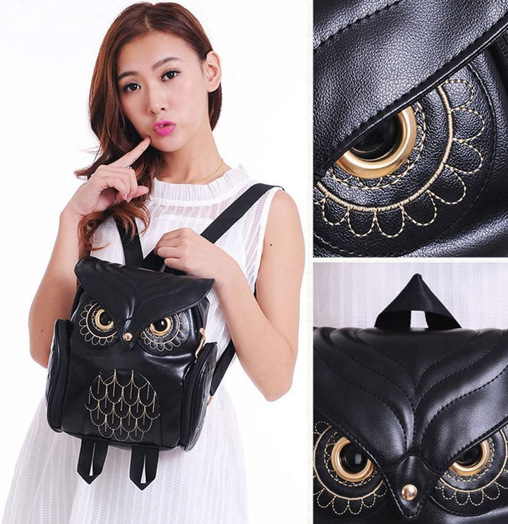 Chic women's multi-pocket owl print backpack. Fashionable PU leather bag for everyday essentials.