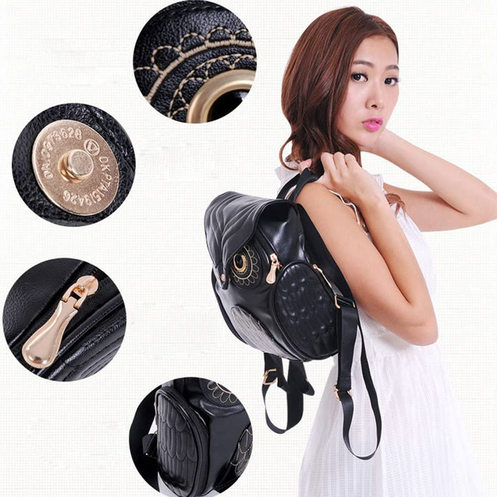 Stylish PU leather backpack for women featuring a unique owl print & practical multi-pocket design.