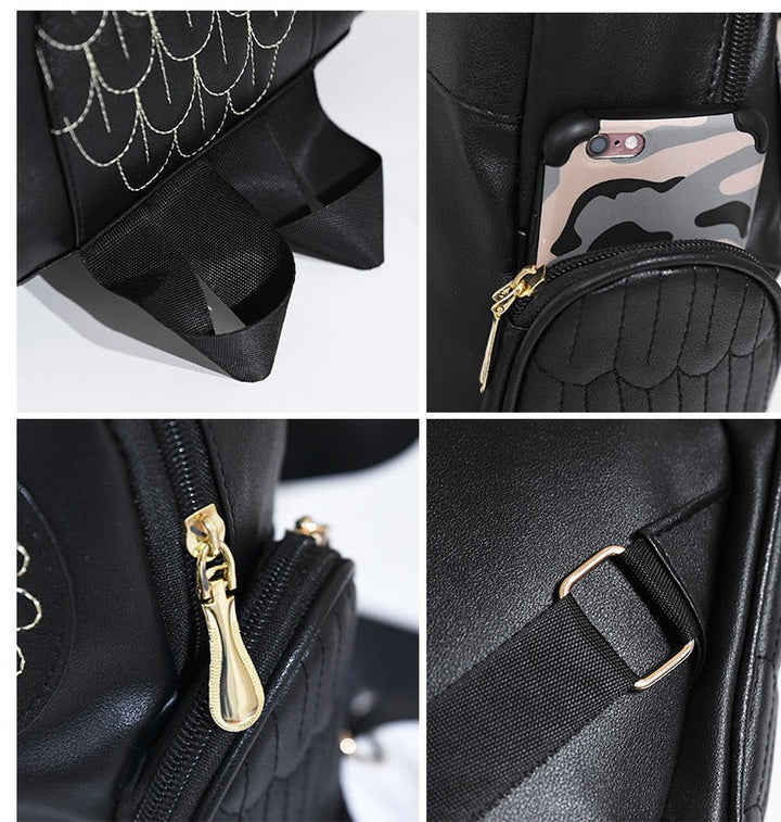 Organized multi-pocket women's backpack. Durable PU leather owl print bag for school or travel.