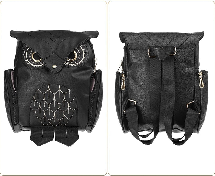 Versatile women's travel backpack with an owl print. Multi-pocket PU leather bag for school & adventures.