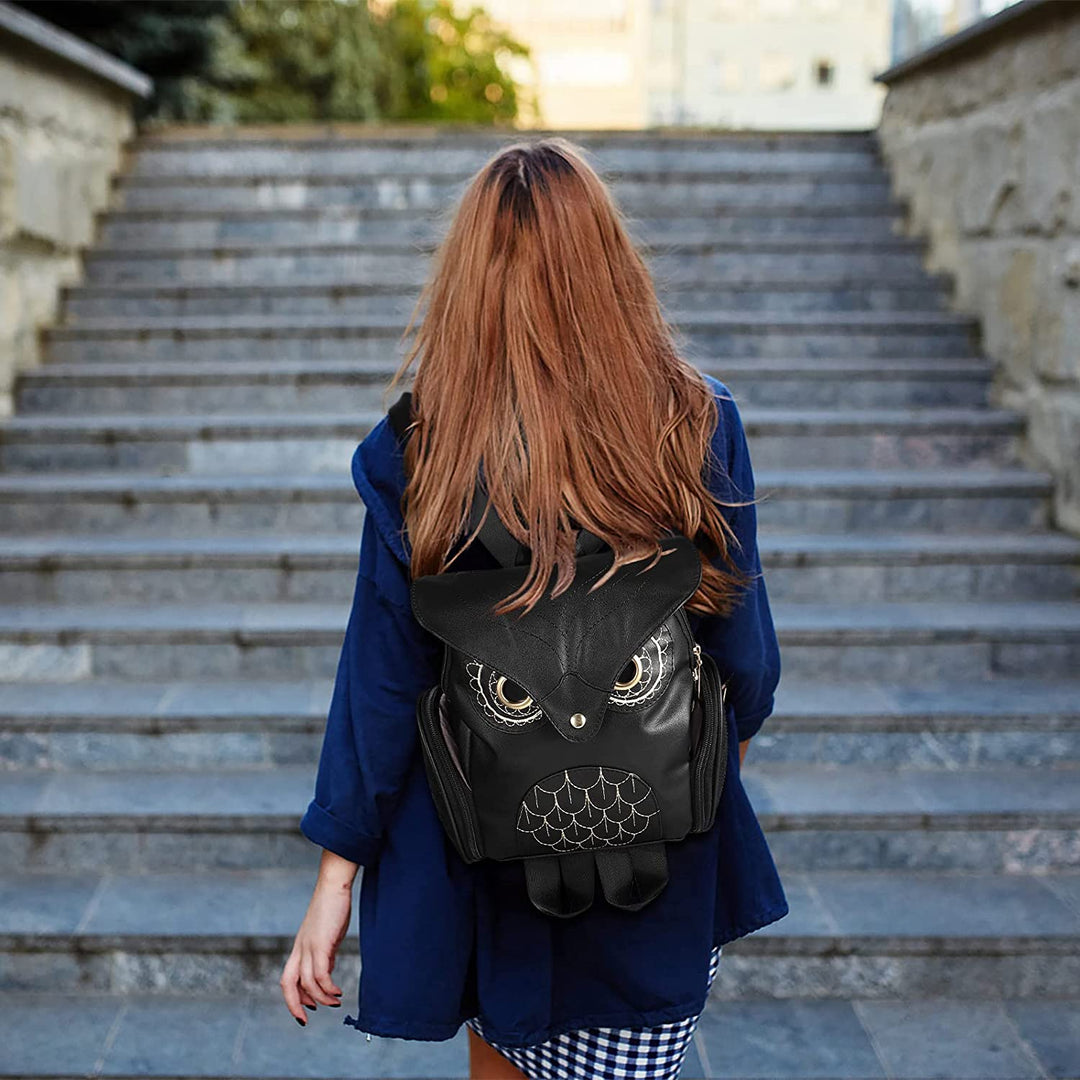 Preppy animal print women's backpack. Chic PU leather owl design with ample multi-pocket storage.