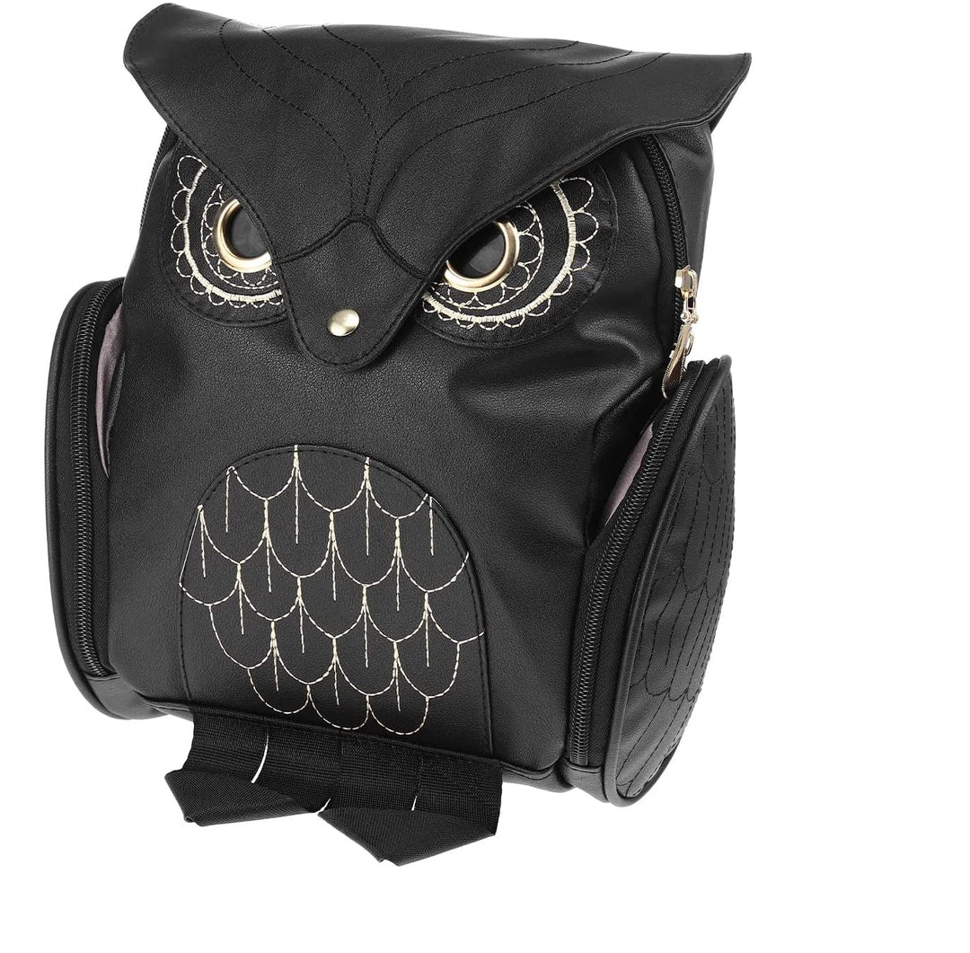 Front view: Women's multi-pocket PU leather owl print backpack, showcasing its chic design.