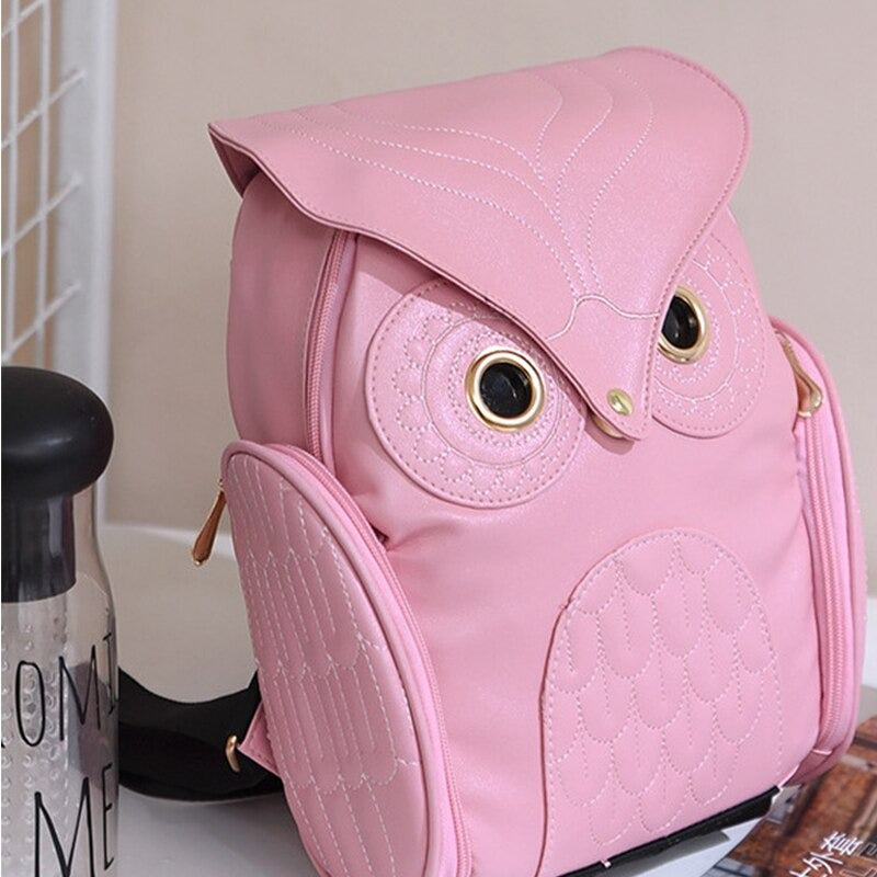 Back view: Women's PU leather owl print backpack with comfortable adjustable straps & multi-pocket utility.