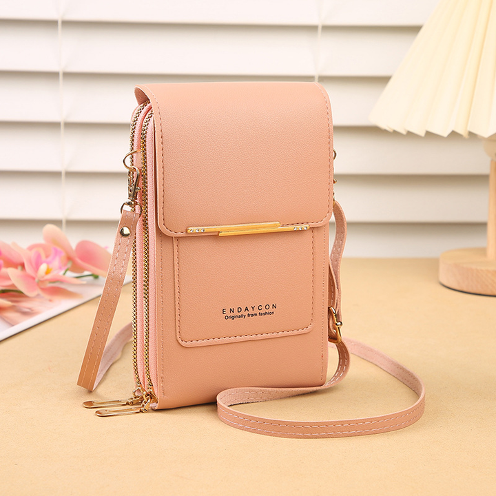 Mini PU leather travel purse with touchscreen phone pocket & compact wallet function, ideal for women on the go.