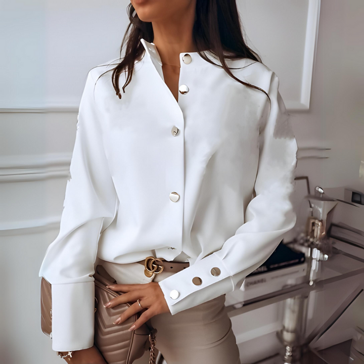 Cream long sleeve quilted button-down shirt for women, ideal for an everyday, casual layered look.