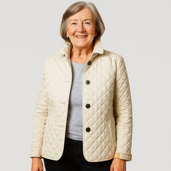 Close-up of a women's quilted jacket texture, highlighting the turned-down collar