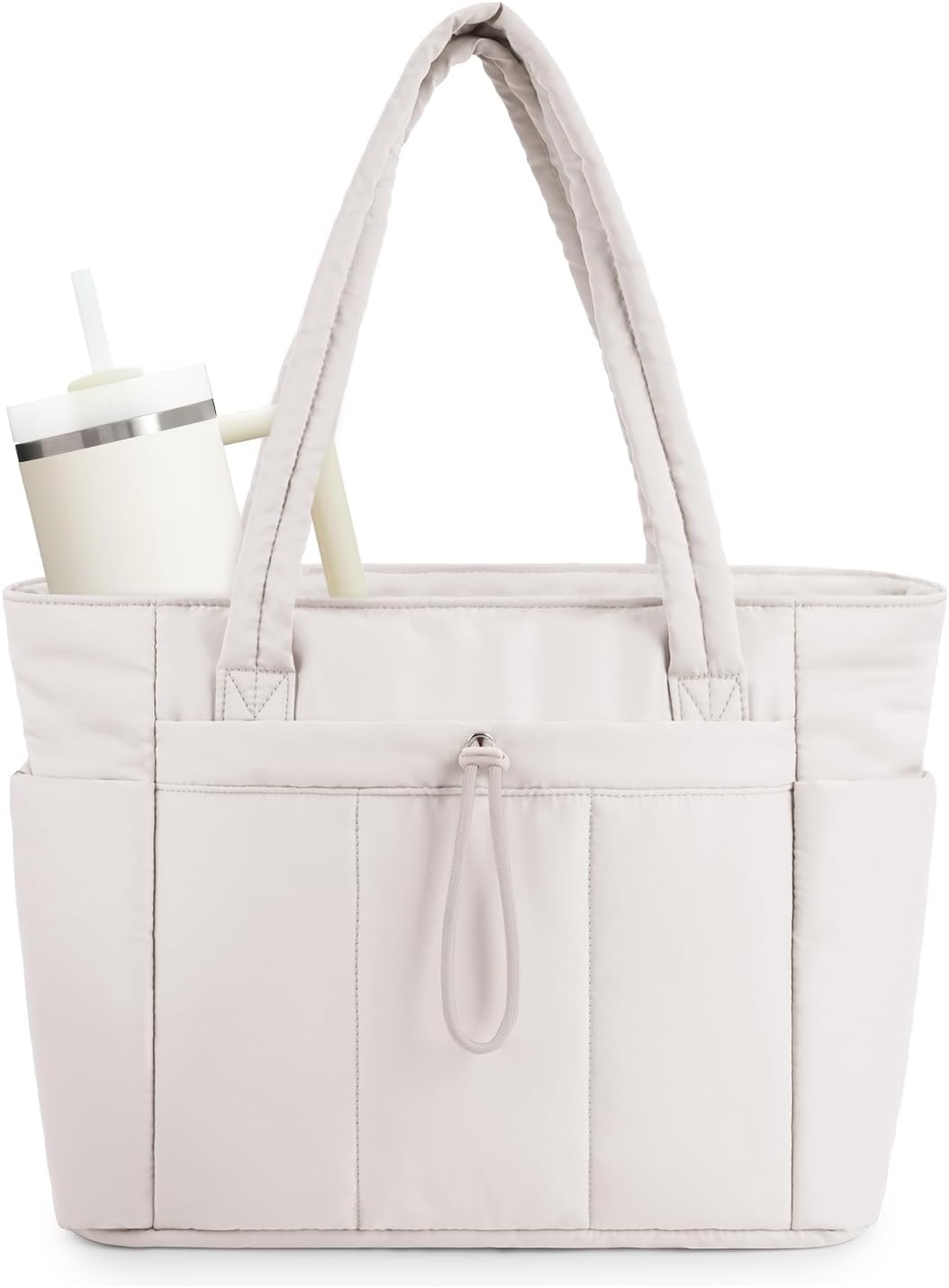 Women's quilted puffer tote bag with cup holder & laptop sleeve for travel and work.