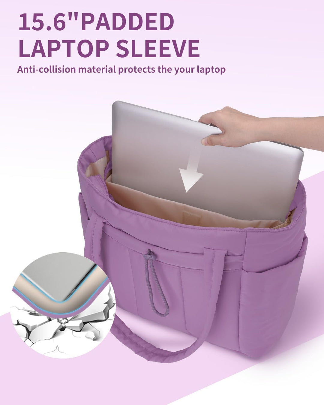 Women's quilted puffer tote, open, revealing ample space, laptop sleeve, & cup holder pocket.
