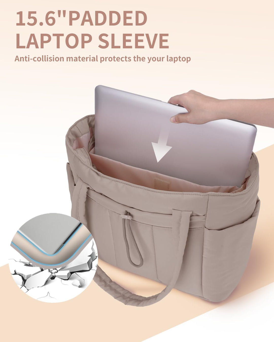 Large capacity women's puffer tote bag, quilted design, featuring laptop sleeve & cup holder.