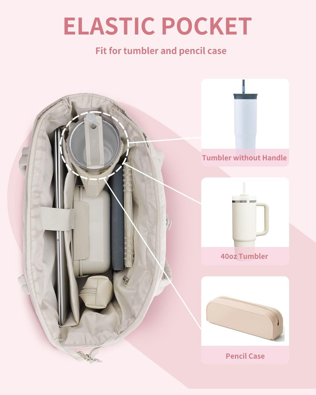 Versatile women's quilted tote, ideal for work or travel, with laptop sleeve & cup holder.