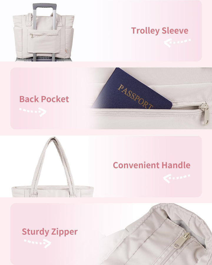 Women's spacious quilted work tote, puffer, with secure laptop compartment & cup holder.