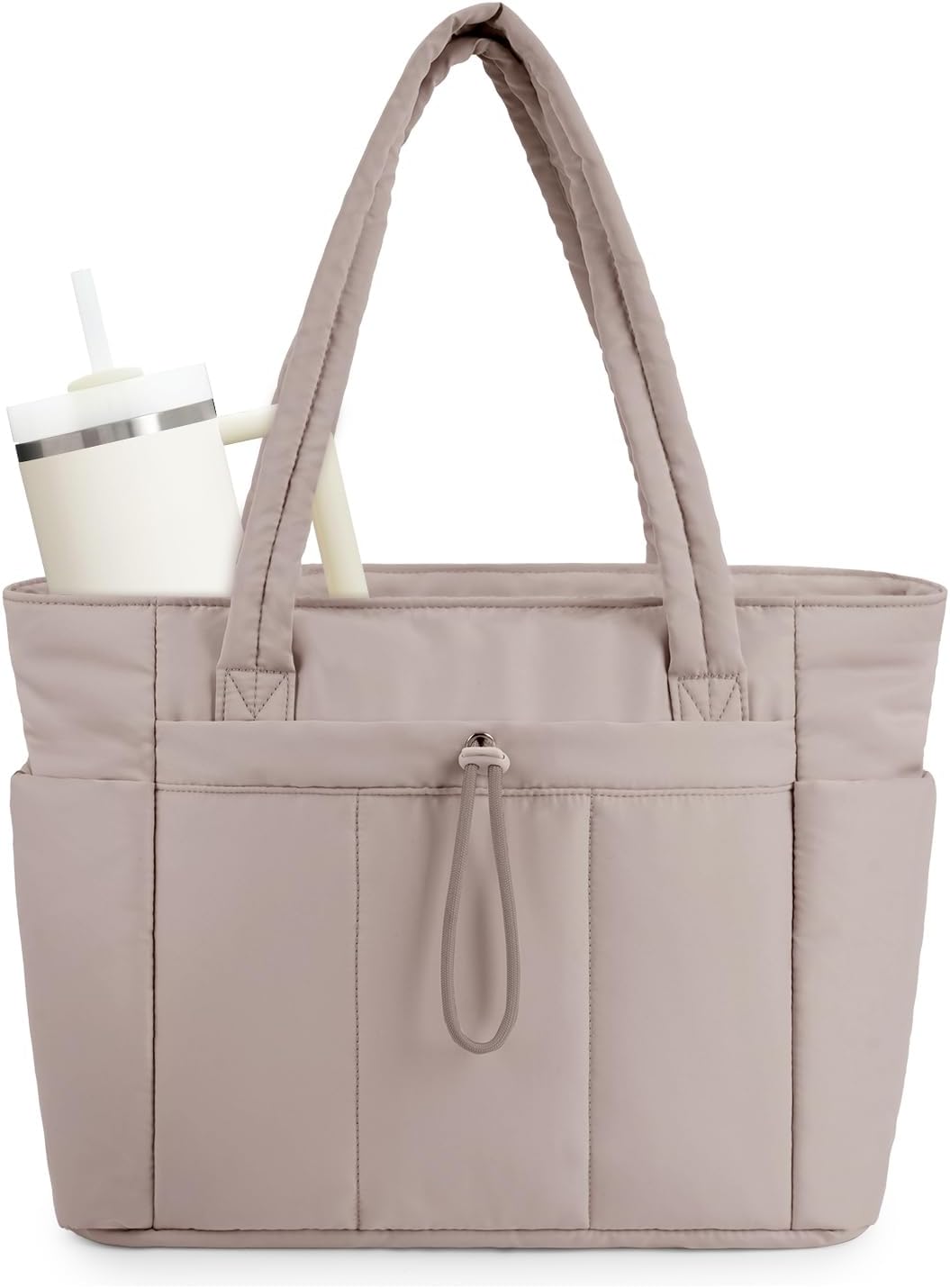 Women's must-have quilted puffer tote, combining style & utility with laptop sleeve & cup holder.