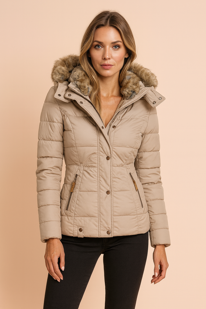 Women's quilted winter jacket with hood. Insulated, warm & perfect for cold weather. Stylish ladies outdoor coat.