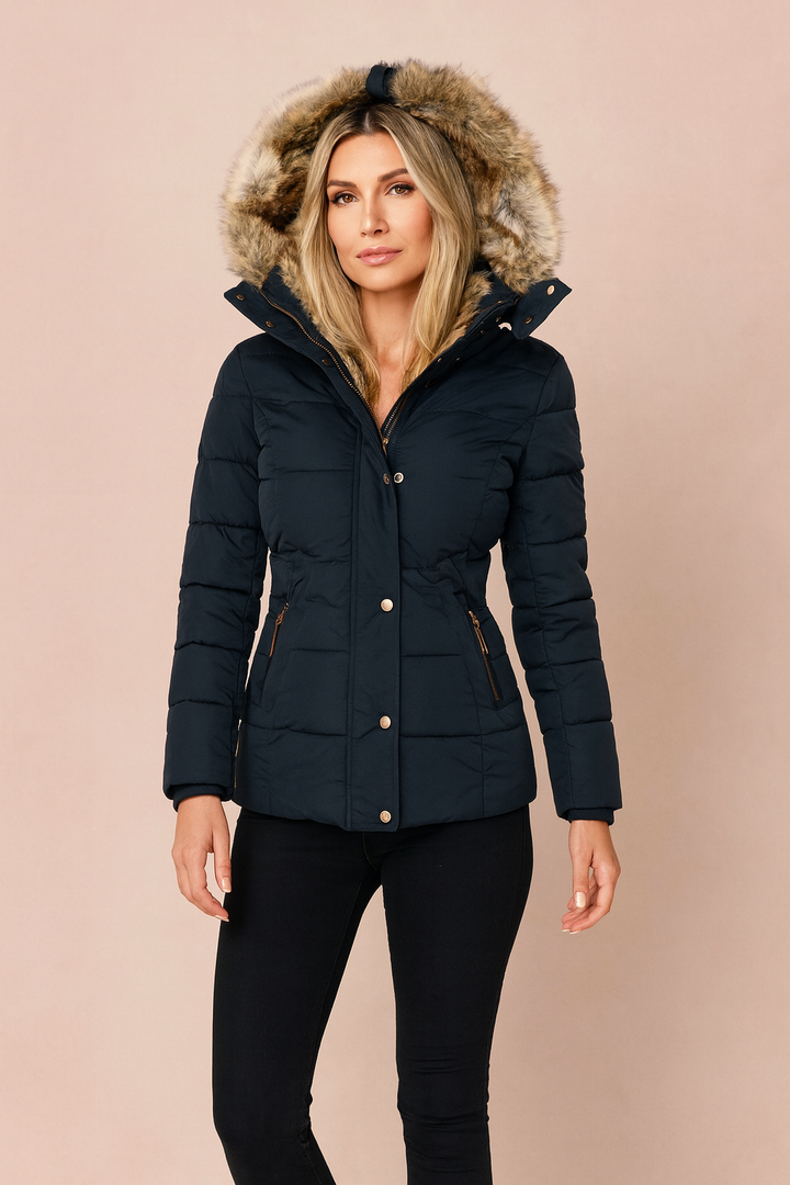 Warm women's insulated puffer jacket. Hooded quilted design for winter fashion outerwear & cold weather protection.