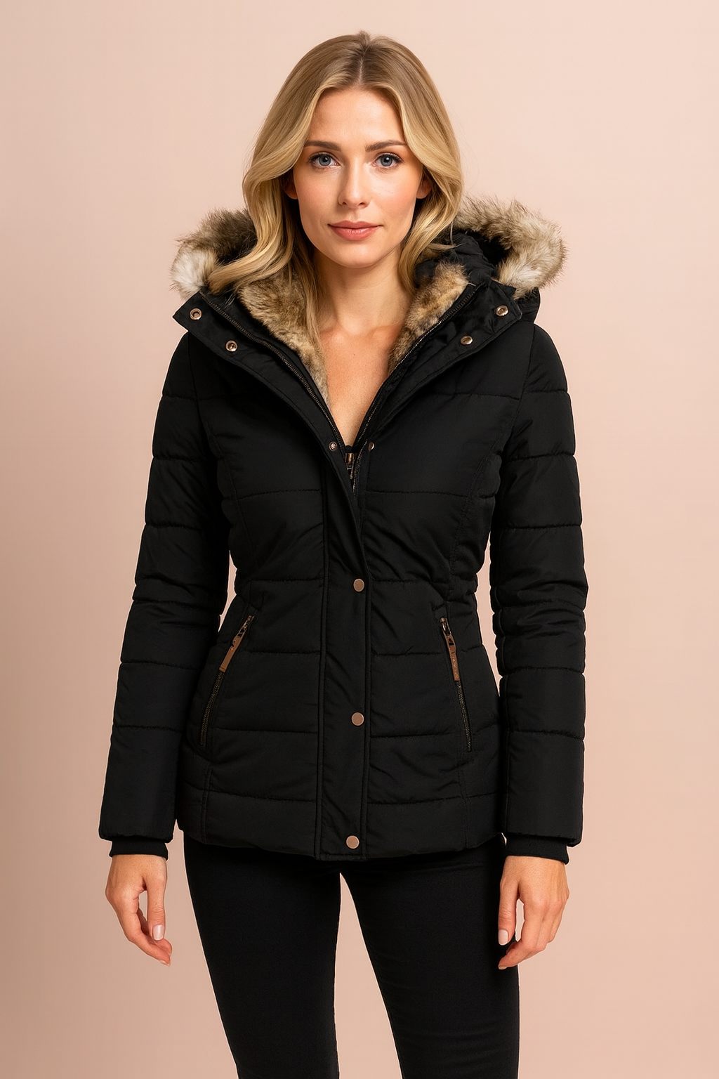 Ladies hooded quilted winter coat. Insulated & warm women's jacket for outdoor activities and cold weather comfort.