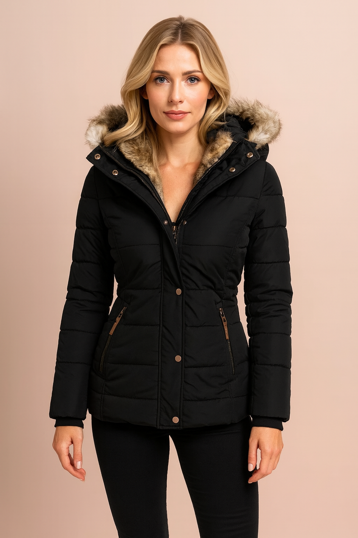 Ladies hooded quilted winter coat. Insulated & warm women's jacket for outdoor activities and cold weather comfort.