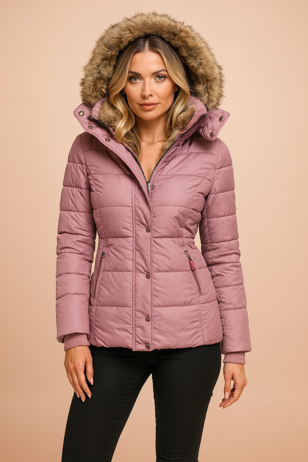 Stylish women's quilted winter jacket, insulated & warm. Features a hood, ideal for cold weather fashion outerwear.