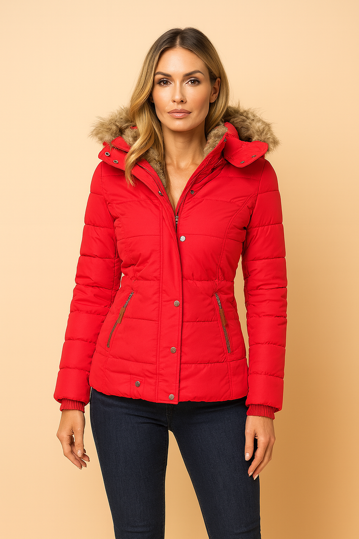 Durable women's winter jacket, quilted and insulated. Warm hooded coat, perfect for ladies outdoor cold weather wear.